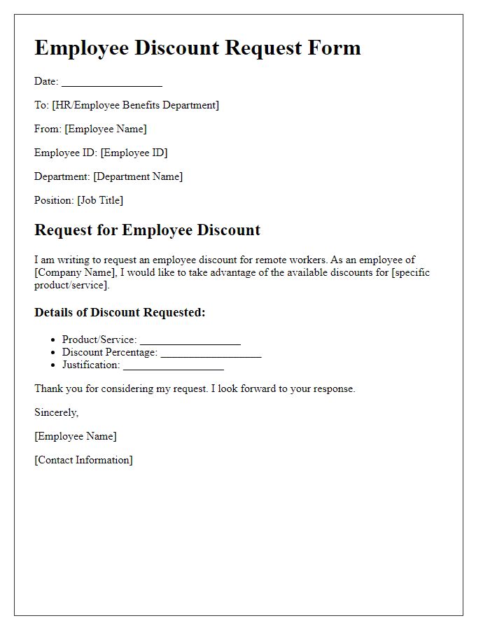 Letter template of employee discount form for remote workers