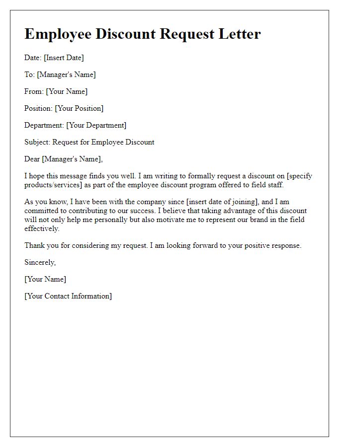 Letter template of employee discount request for field staff