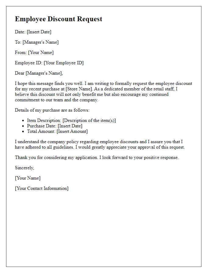 Letter template of employee discount request for retail staff