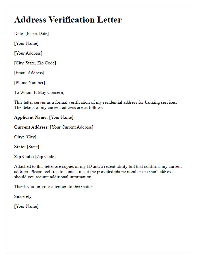 Letter template of address verification for banking services