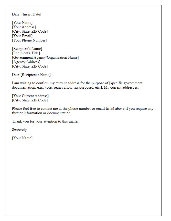 Letter template of address verification for government documentation