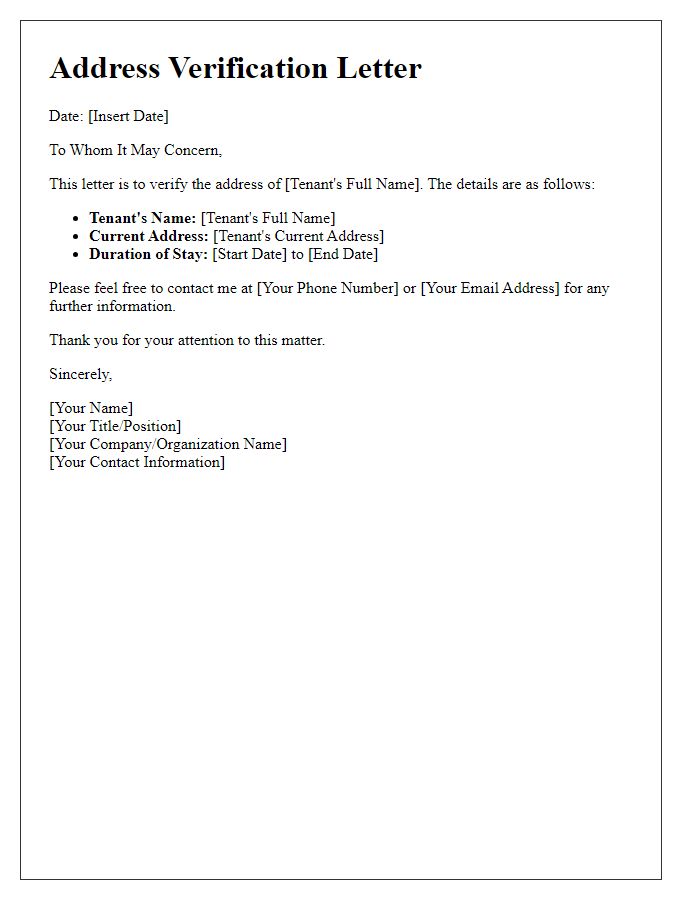 Letter template of address verification for rental application