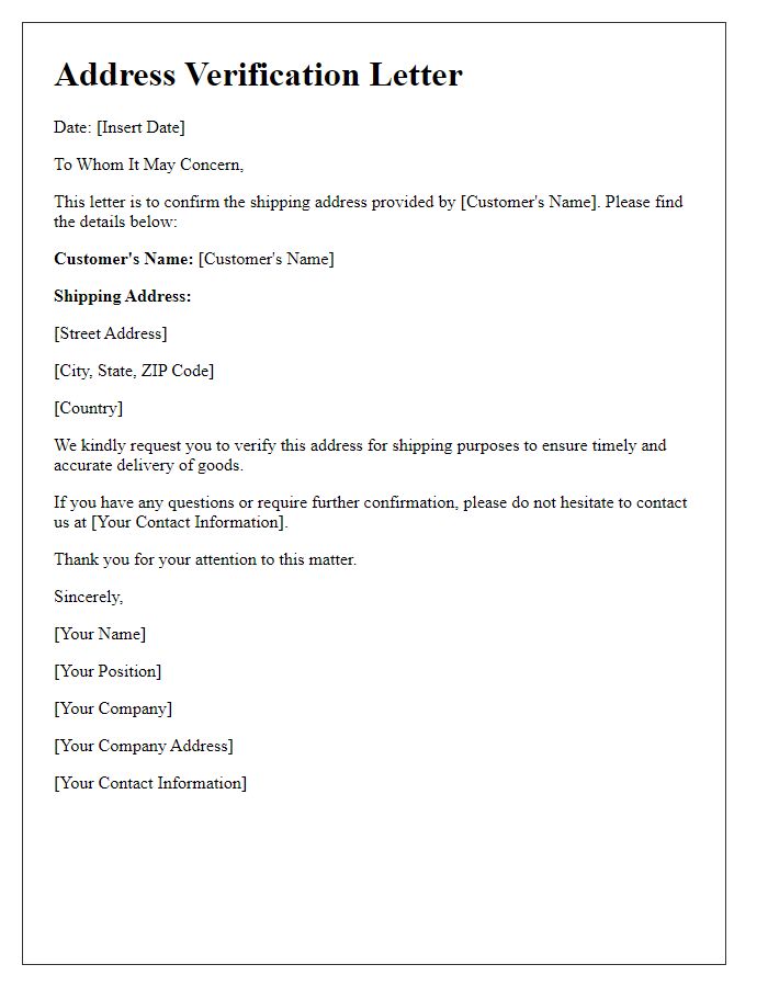 Letter template of address verification for shipping address confirmation