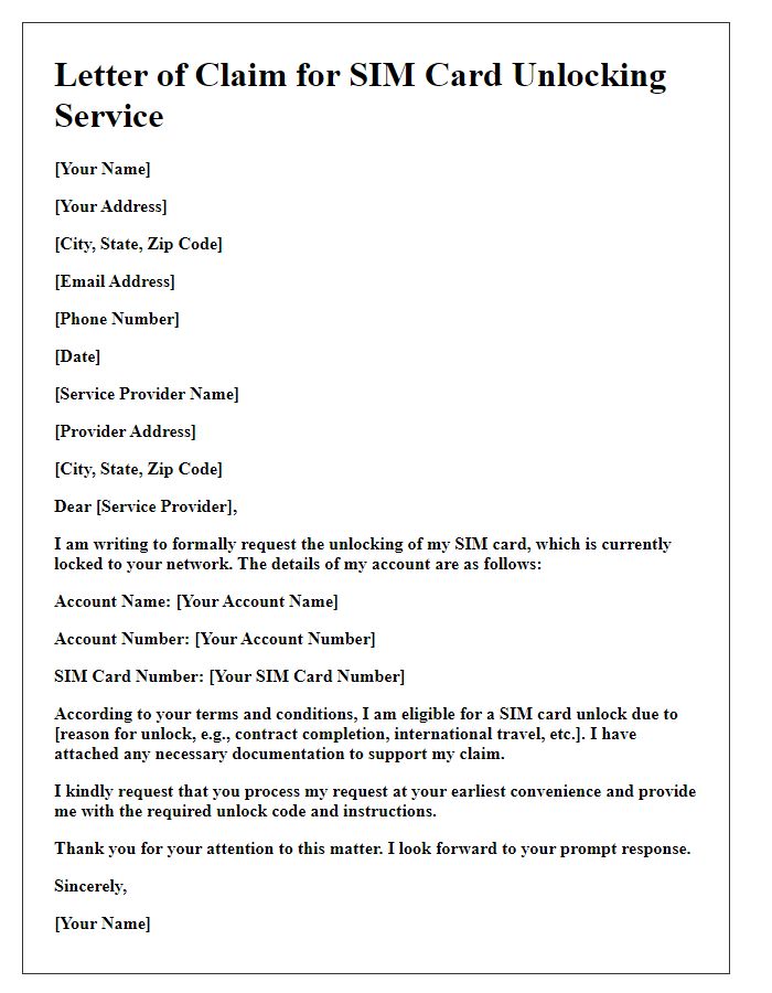 Letter template of claim for SIM card unlocking service