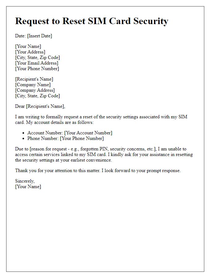 Letter template of formal request to reset SIM card security
