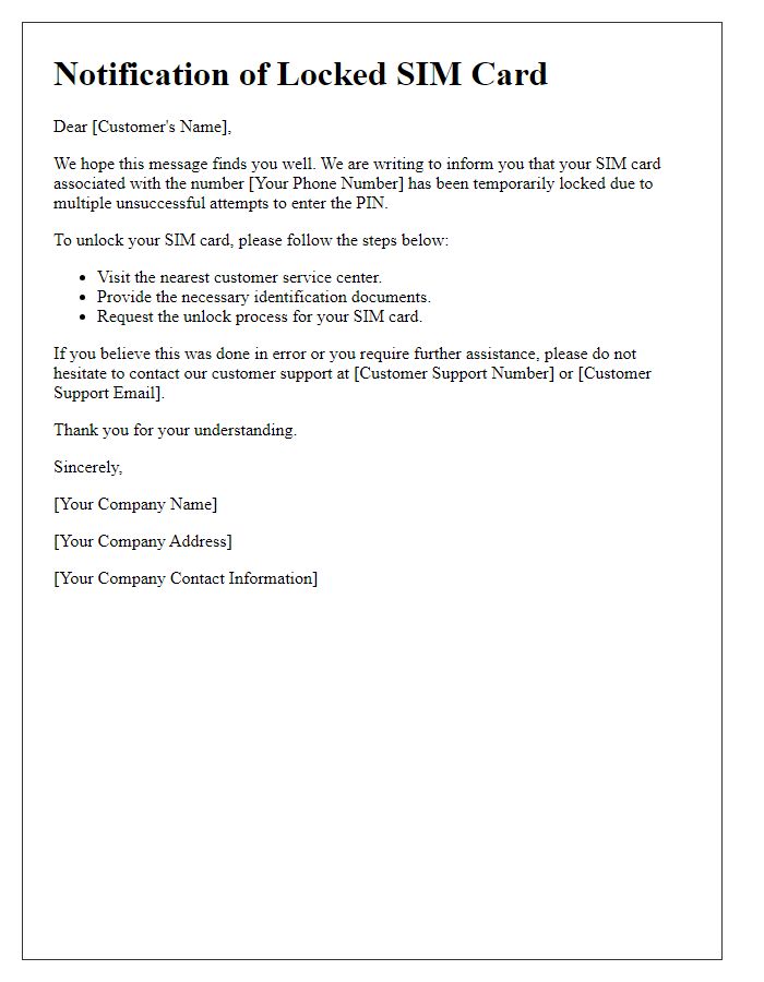 Letter template of notification for locked SIM card issue