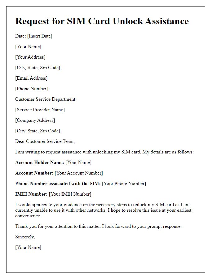 Letter template of request for SIM card unlock assistance