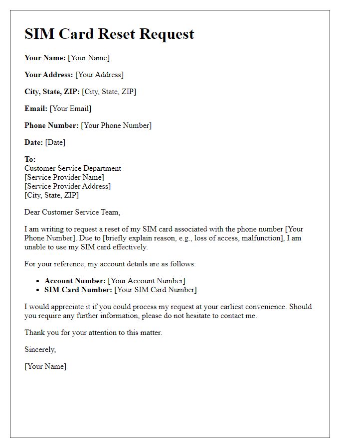Letter template of submission for SIM card reset request