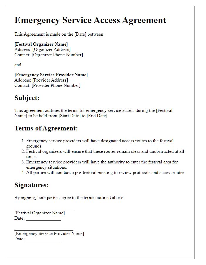 Letter template of agreement for emergency service access during festivals.