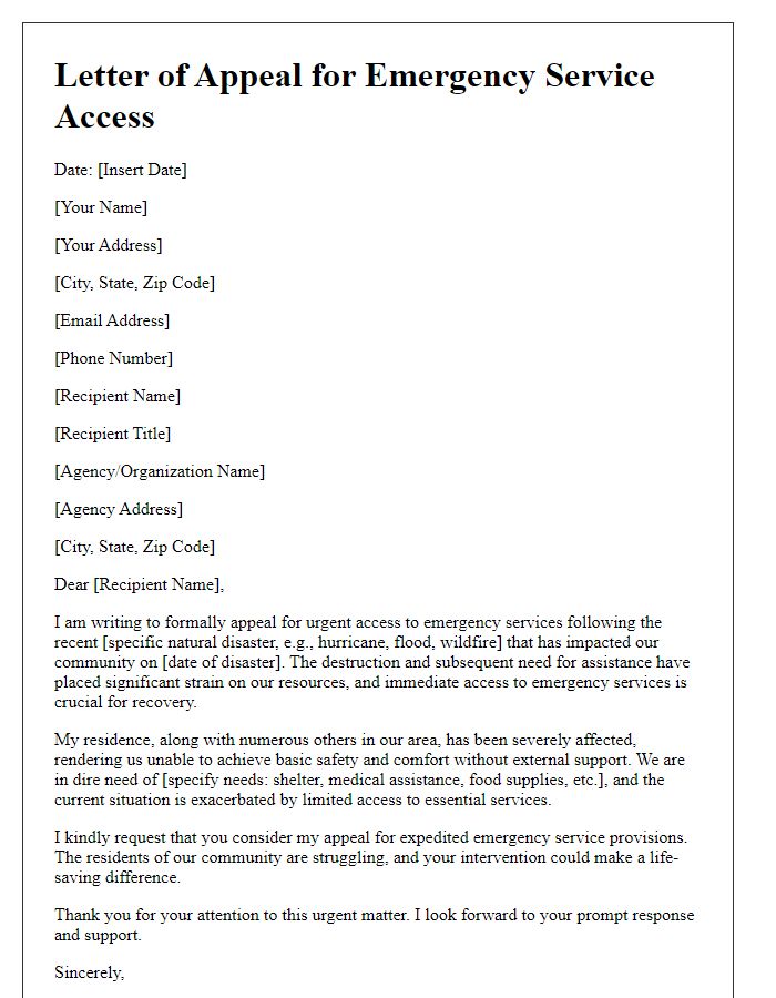 Letter template of appeal for emergency service access due to natural disasters.