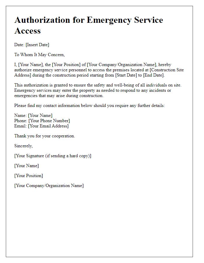 Letter template of authorization for emergency service access during construction.