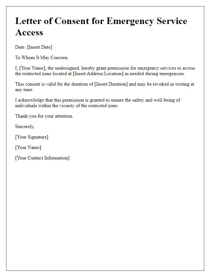 Letter template of consent for emergency service access in restricted zones.