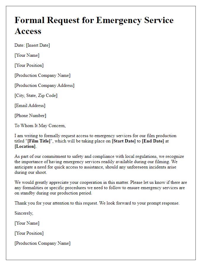 Letter template of formal request for emergency service access for film production.