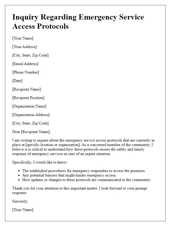 Letter template of inquiry regarding emergency service access protocols.