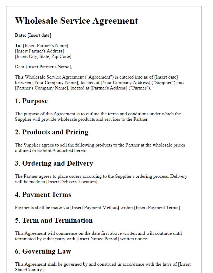 Letter template of wholesale service agreement for partnership.