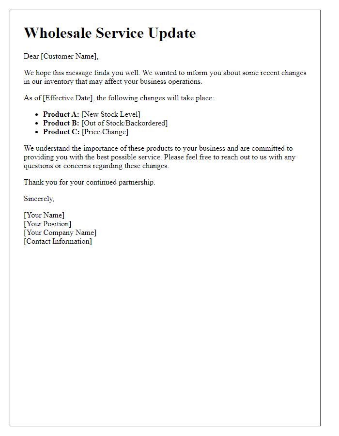 Letter template of wholesale service update on inventory changes.