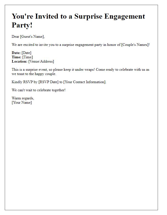 Letter template of an engagement party invitation for a surprise party.