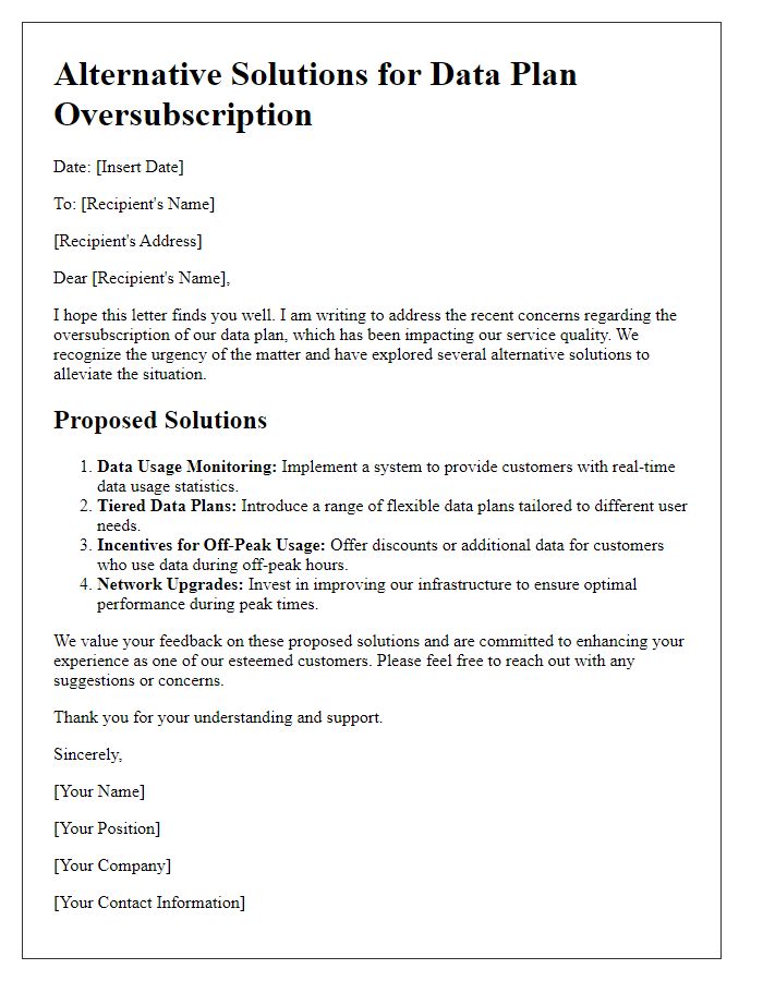 Letter template of Alternative Solutions for Data Plan Oversubscription