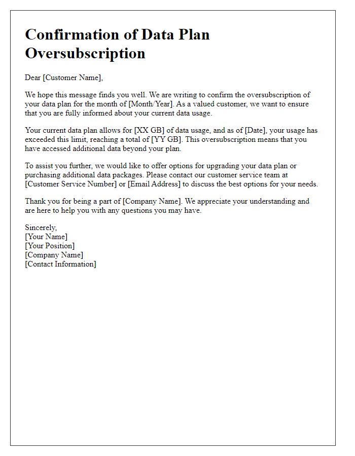 Letter template of Confirmation of Data Plan Oversubscription