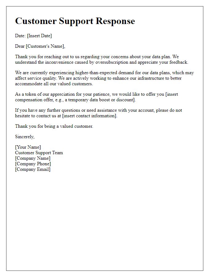 Letter template of Customer Support for Data Plan Oversubscription