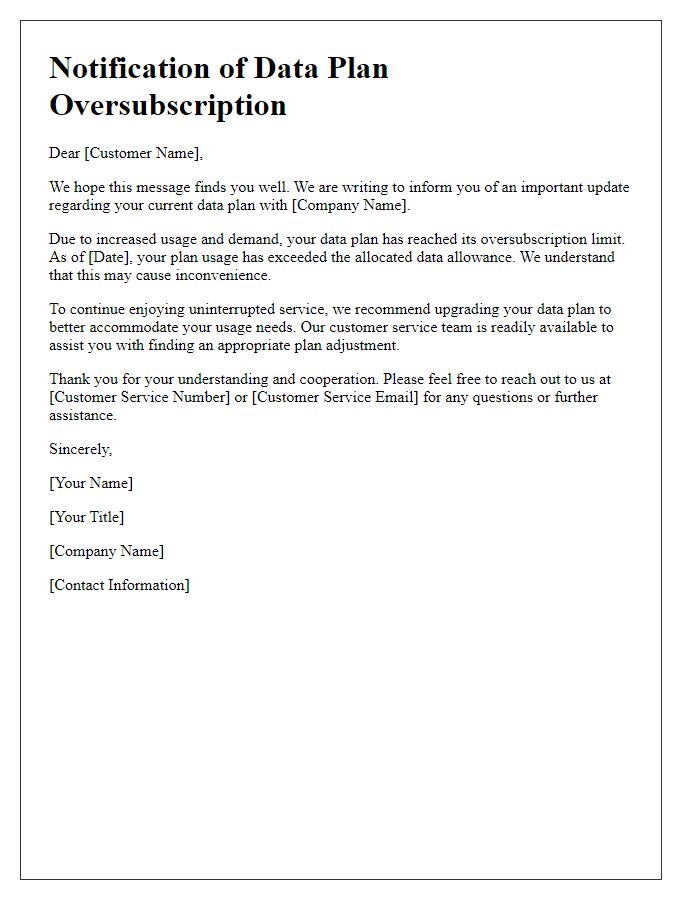 Letter template of Notification for Data Plan Oversubscription