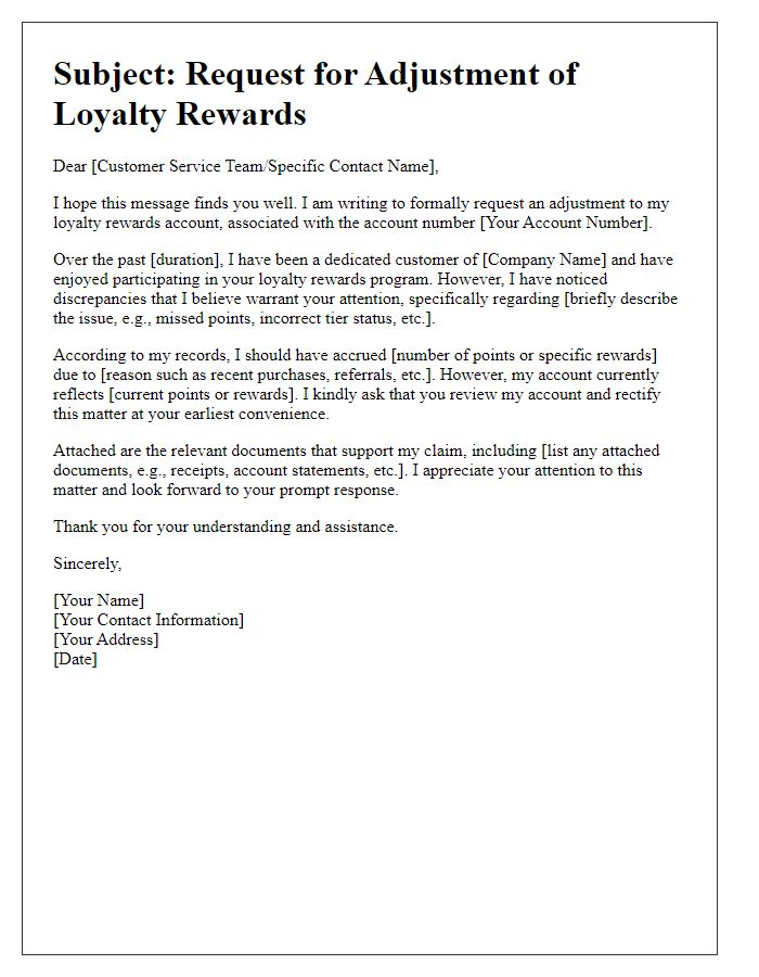 Letter template of demand for loyalty rewards adjustment