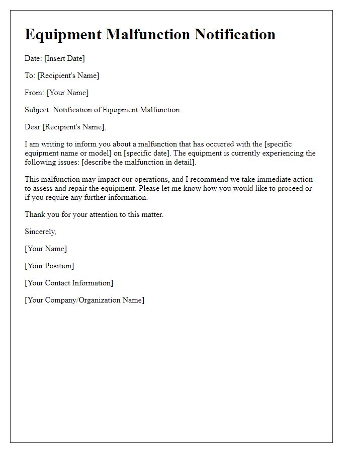 Letter template of equipment malfunction notification.
