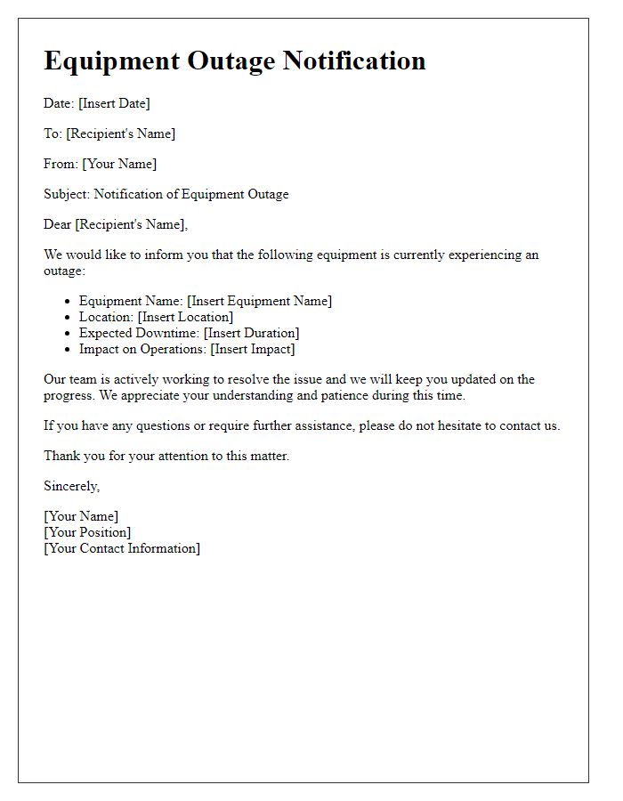 Letter template of equipment outage notification.