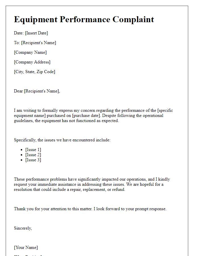 Letter template of equipment performance complaint.