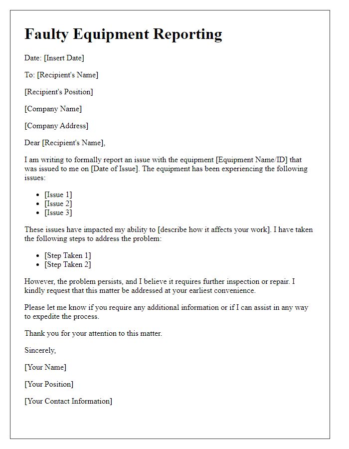 Letter template of faulty equipment reporting.