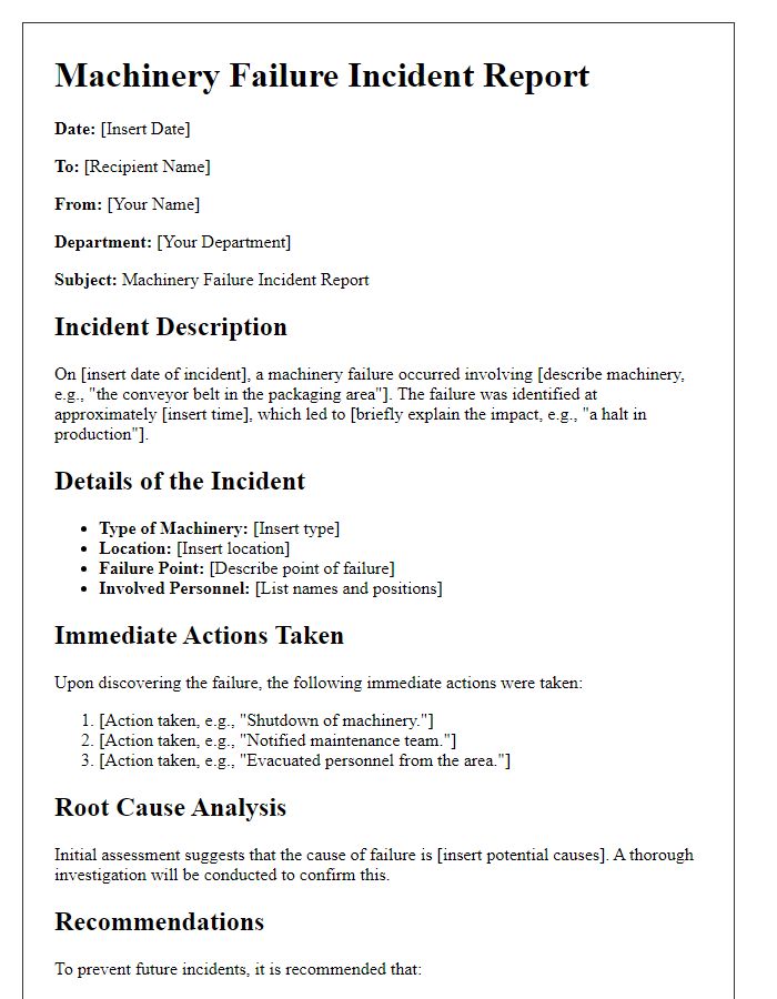 Letter template of machinery failure incident report.