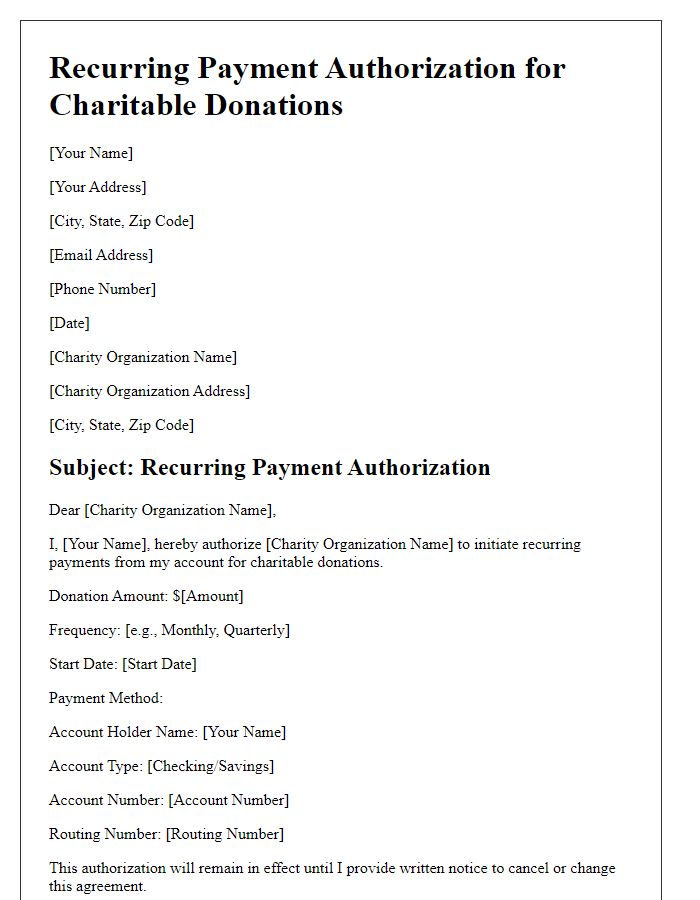 Letter template of recurring payment authorization for charitable donations.