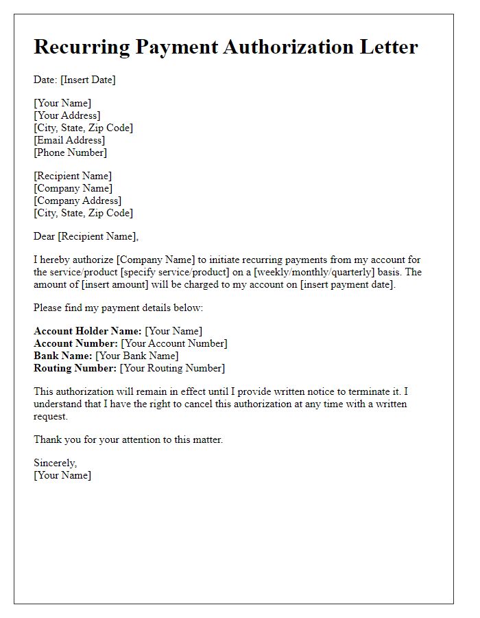 Letter template of recurring payment authorization for digital platforms.