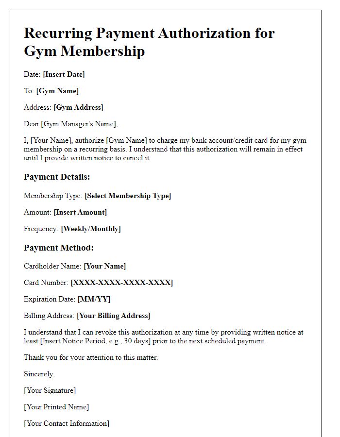 Letter template of recurring payment authorization for gym memberships.