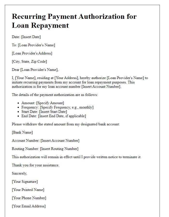 Letter template of recurring payment authorization for loan repayments.