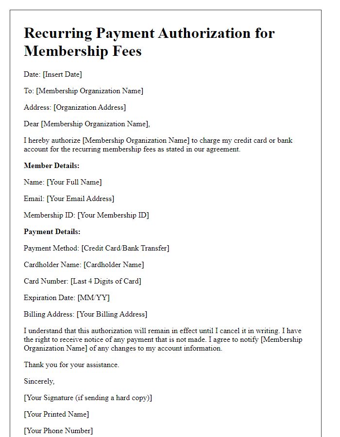 Letter template of recurring payment authorization for membership fees.