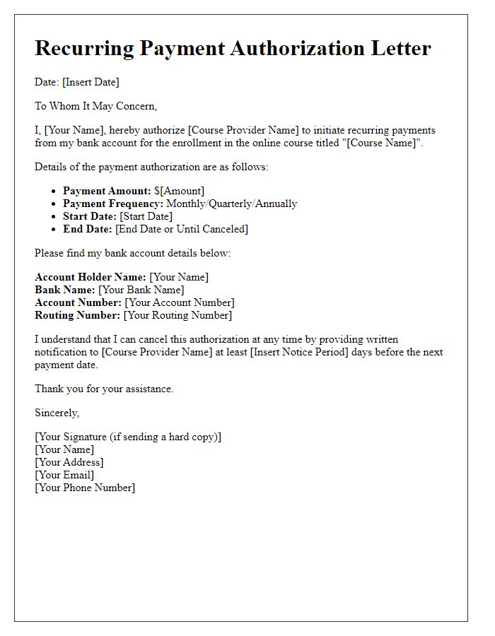 Letter template of recurring payment authorization for online courses.