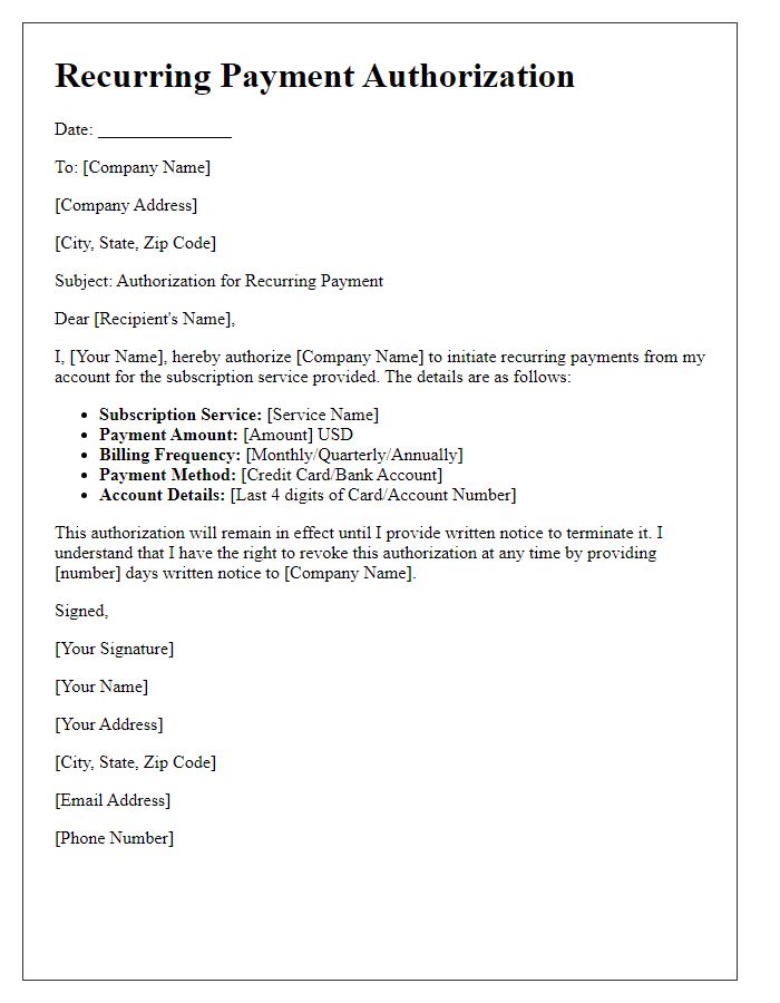 Letter template of recurring payment authorization for subscription services.