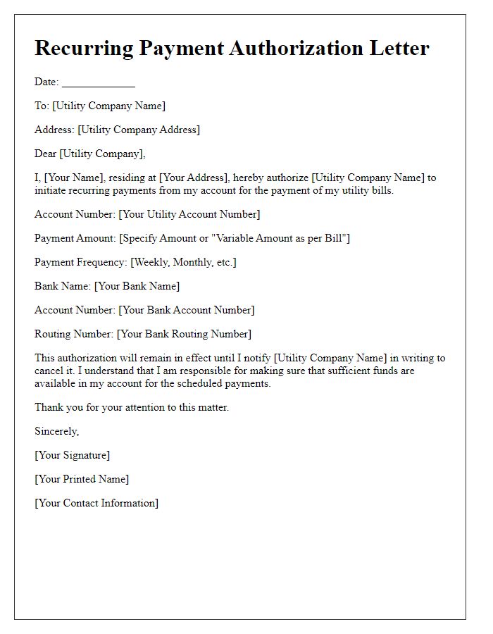 Letter template of recurring payment authorization for utility bills.