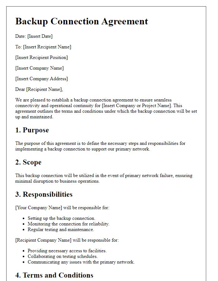 Letter template of backup connection agreement setup