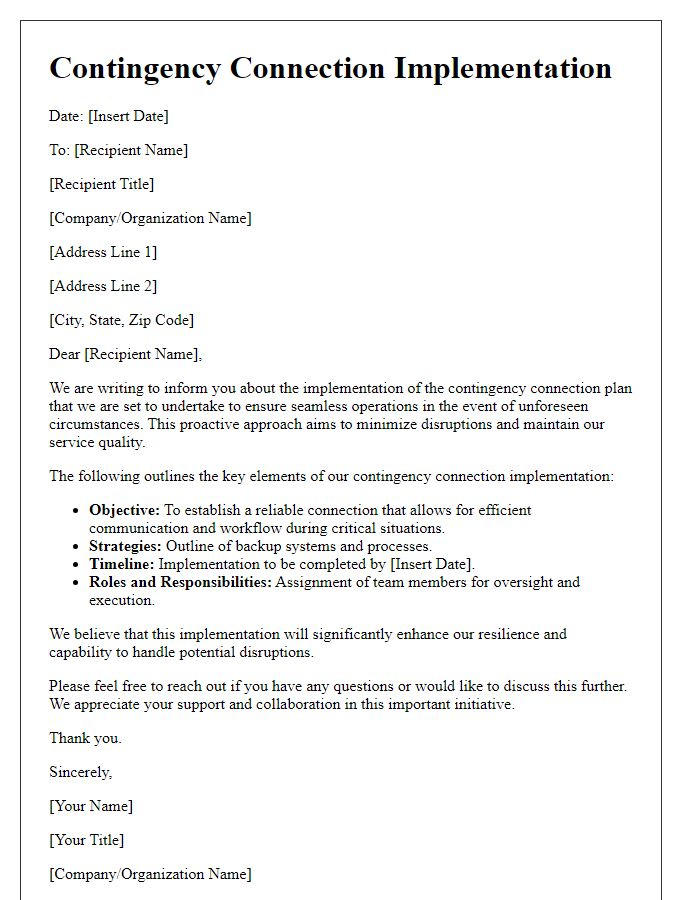 Letter template of contingency connection implementation