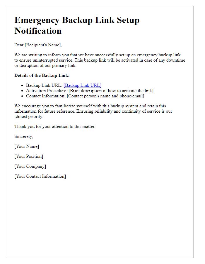Letter template of emergency backup link setup