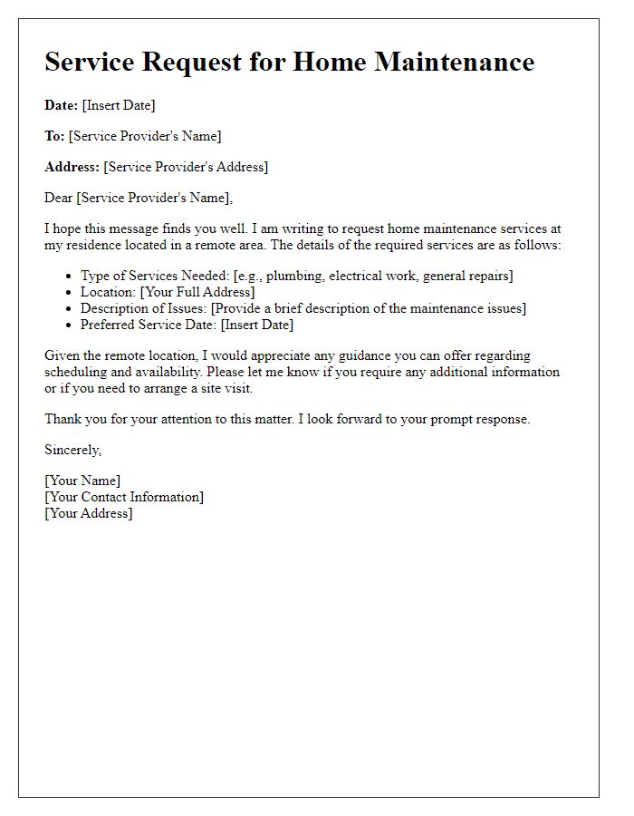 Letter template of remote area service request for home maintenance