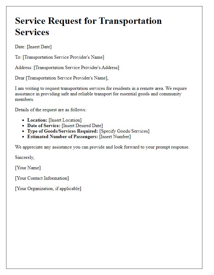 Letter template of remote area service request for transportation services