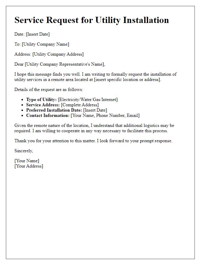 Letter template of remote area service request for utility installation