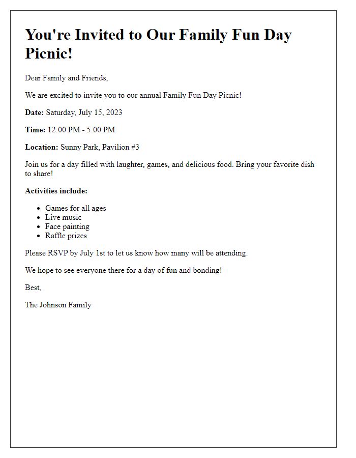 Letter template of family fun day picnic invite