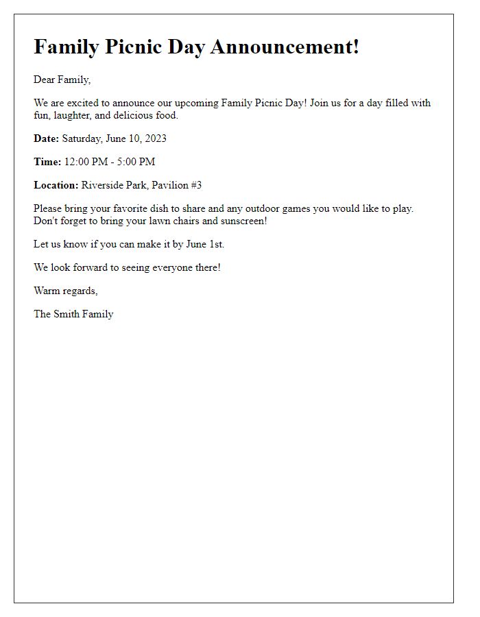 Letter template of family picnic day announcement