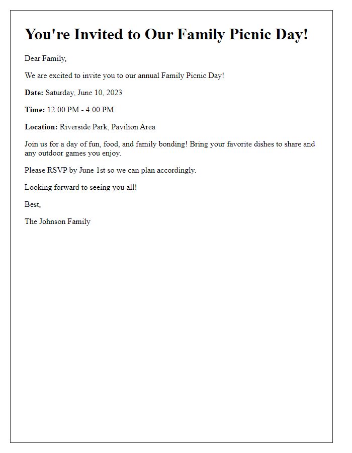 Letter template of family picnic day invitation