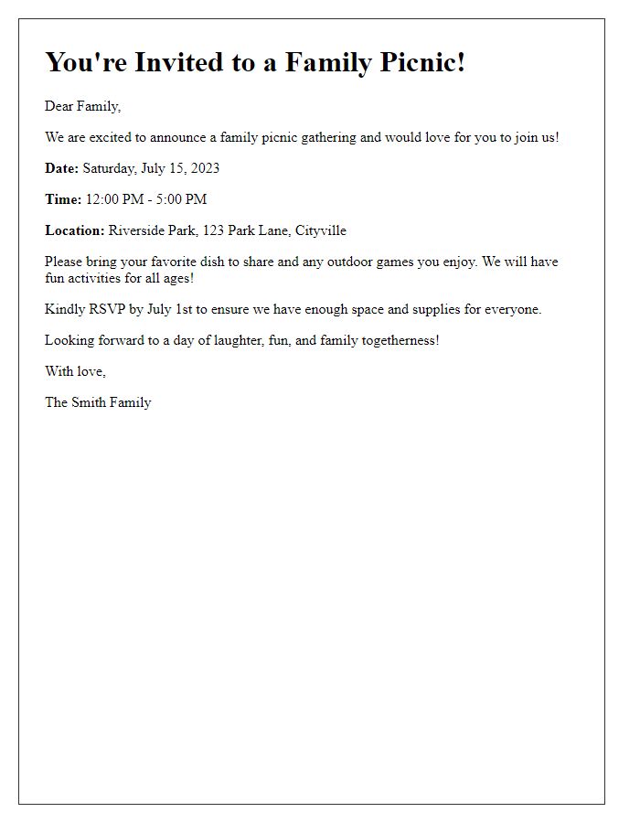 Letter template of family picnic gathering invitation