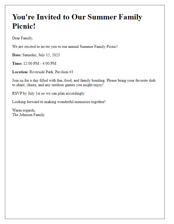 Letter template of summer family picnic invitation